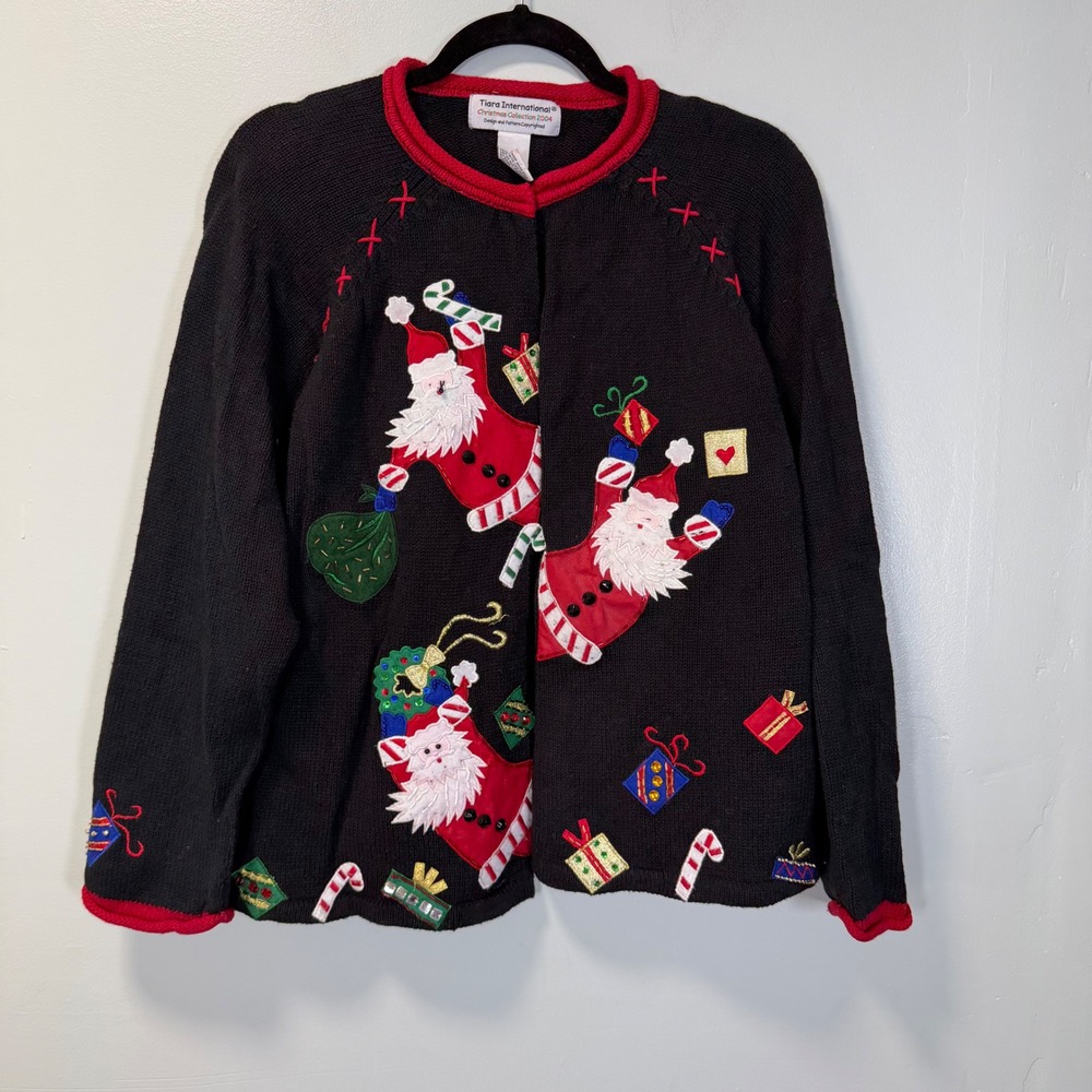 Tiara International Christmas Collection 2004 Santa Cardigan Sweater Large Black